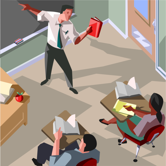 Vector Illustration of Teacher Teaching Students Sitting at Desks in School Classroom