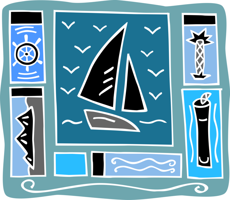 Vector Illustration of Sailing Sailboat with Ice Bergs and Navigational Buoy