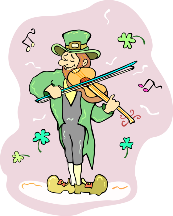 Vector Illustration of St Patrick's Day Irish Leprechaun Playing Fiddle Violin with Shamrocks