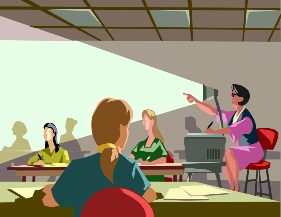 Vector Illustration of Teacher Gives Presentation in School Classroom with Overhead Projector