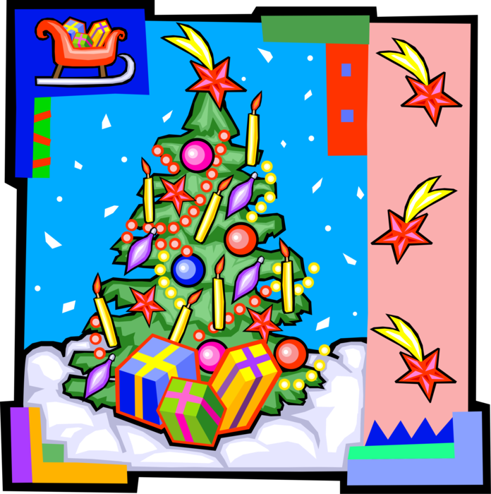 Vector Illustration of Festive Season Christmas Tree with Decorations, Ornaments, and Gifts