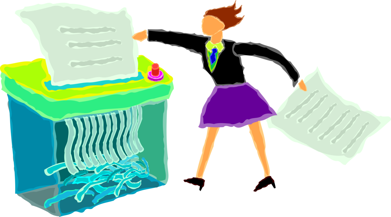 Vector Illustration of Woman Shreds Documents in Office Paper Shredder