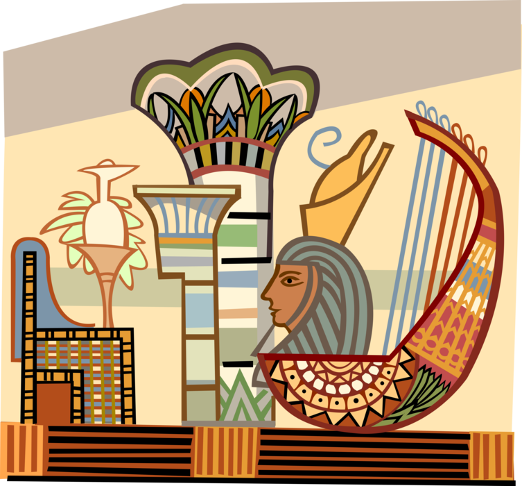 Vector Illustration of Ancient Egyptian Tomb Painting with Harp Stringed Musical Instrument