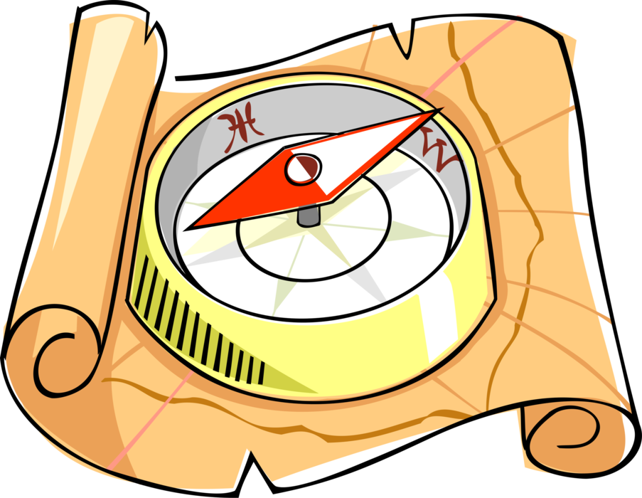 Vector Illustration of Magnetic Compass for Navigation with Treasure Map