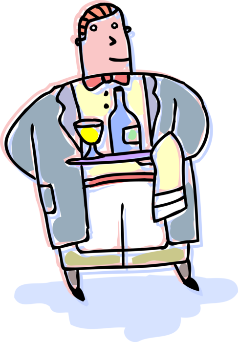 Vector Illustration of Restaurant Maître d'hôtel Waiter Serves Alcoholic Drink Beverages on Serving Tray