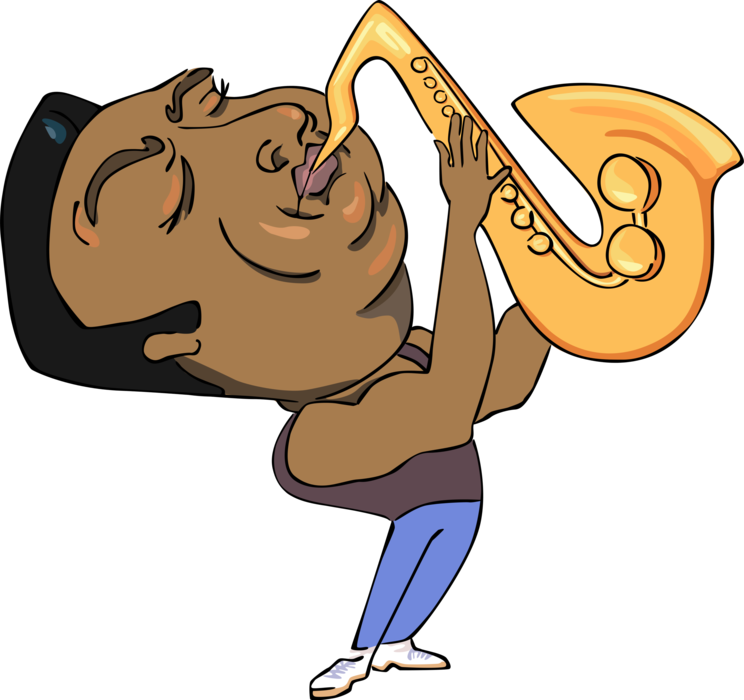 Vector Illustration of Jazz Musician Plays Saxophone Brass Single-Reed Mouthpiece Woodwind Instrument