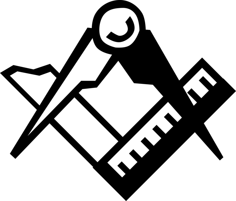 Vector Illustration of Freemasonry Stonemason's Square Ruler and Compass Drafting Tools