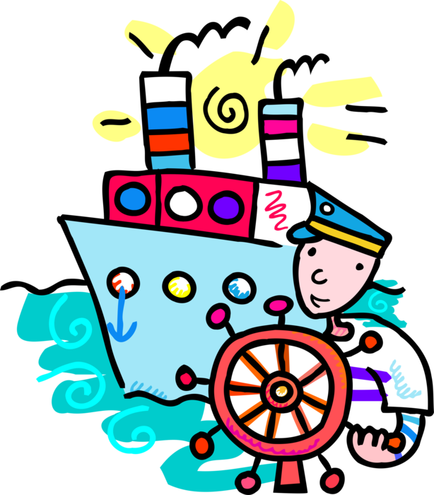 Vector Illustration of Maritime Captain at Ship's Helm Wheel with Ship on Ocean