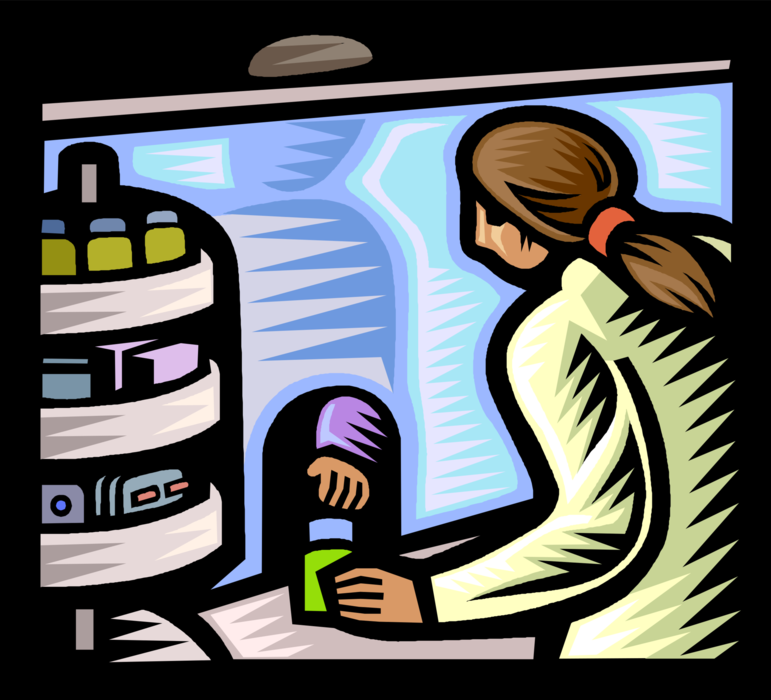 Vector Illustration of Pharmacist Serves Customer with Bottle of Prescription Medicine