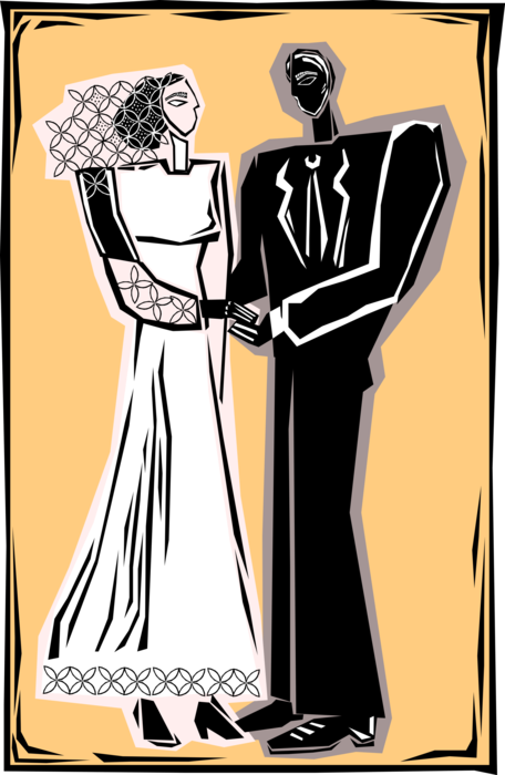 Vector Illustration of Wedding Day Bride and Groom Join Hands in Matrimony Marriage