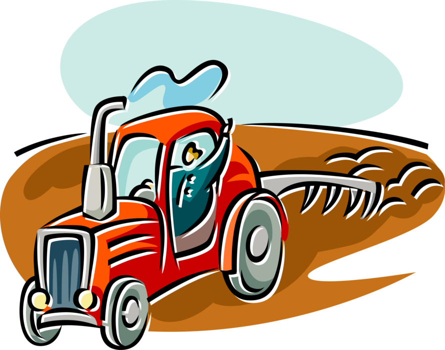 Vector Illustration of Farmer Ploughing or Plowing Farm Fields with Farming Equipment Tractor