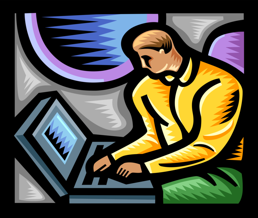 Vector Illustration of Business Traveler Working on Laptop Computer During Air Travel Airline Flight