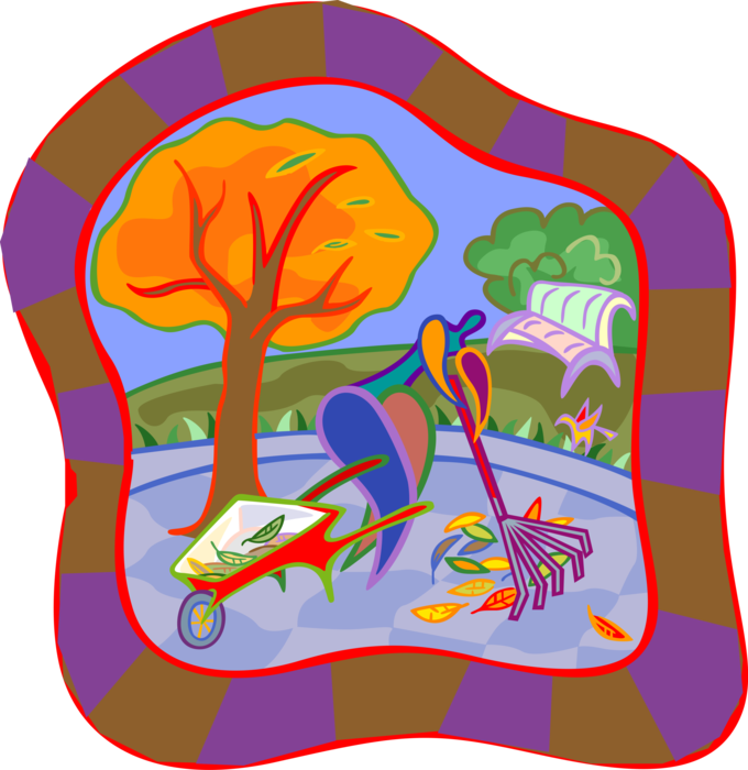 Vector Illustration of Raking Autumn Fall Leaves with Rake and Wheelbarrow