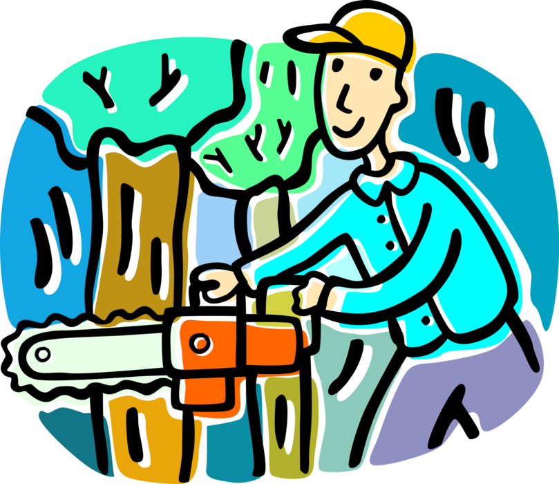 Vector Illustration of Logging and Wood Processing Industry Lumberjack Cuts Down Tree in Forest with Chainsaw