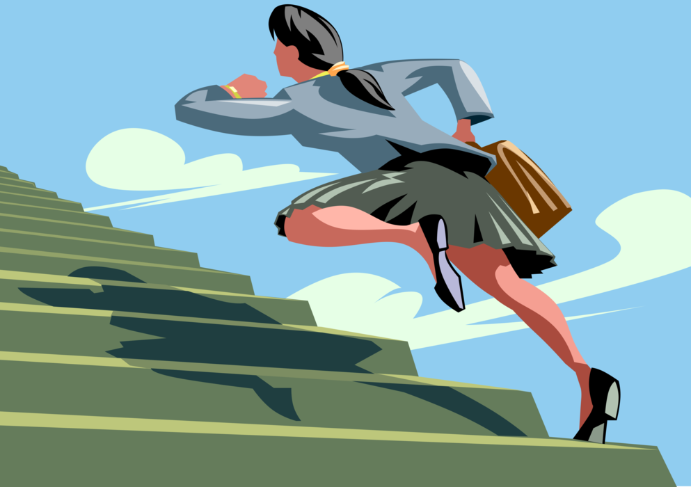 Vector Illustration of Businesswoman Running and Climbing Stairway Stairs to Success