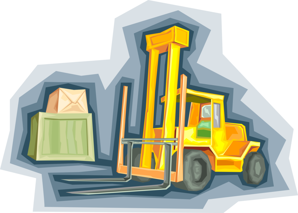 Vector Illustration of Warehouse Forklift Truck Lifting Cargo Crates