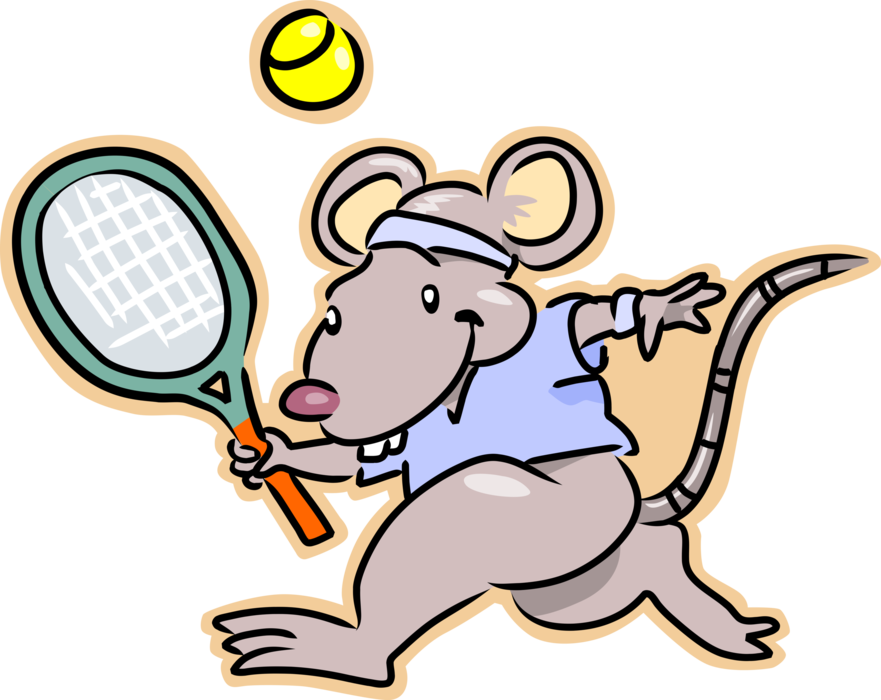 Vector Illustration of Rodent Mouse Plays Tennis with Racket and Ball
