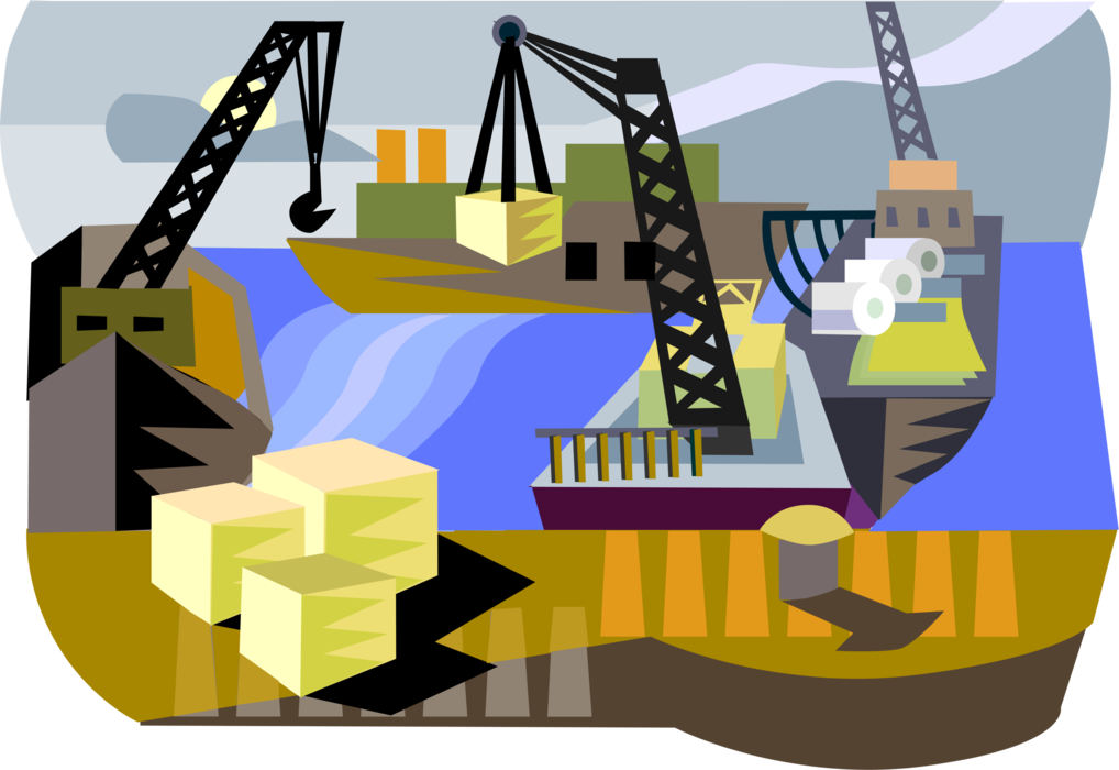 Vector Illustration of Marine Cargo Shipping Industry with Cranes and Ships at Loading Docks