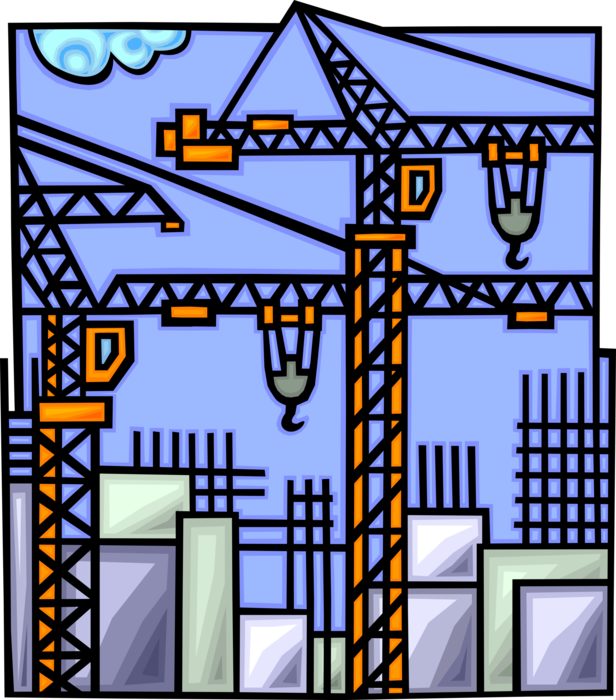 Vector Illustration of Construction Industry Cranes with Lifting Hooks on Building Site