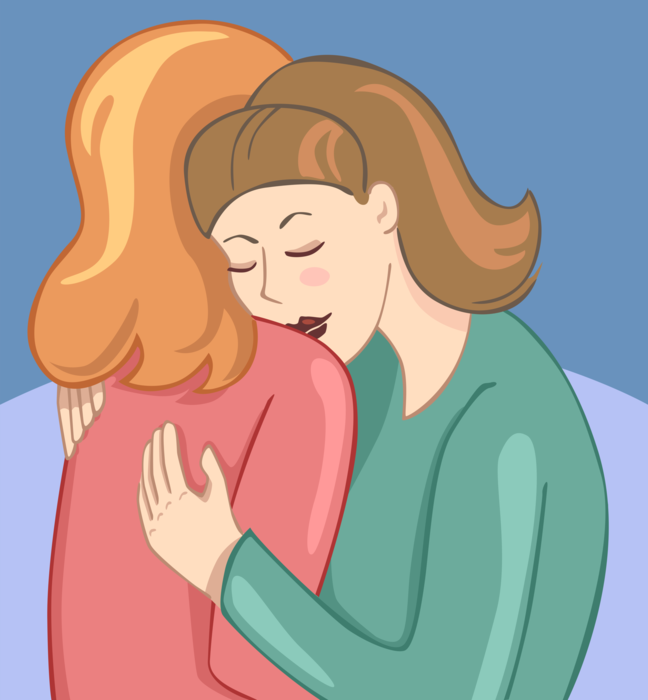 Vector Illustration of Two Women Friends Embrace and Hug