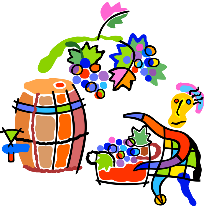 Vector Illustration of Winemaker in Vineyard Harvests Wine Grapes with Cask Barrel 