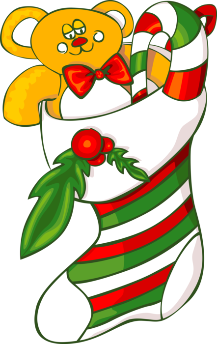Vector Illustration of Festive Season Christmas Stocking with Candy Cane Peppermint Stick and Stuffed Teddy Bear