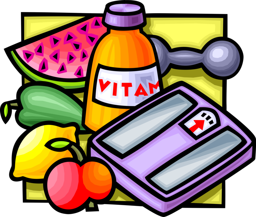 Vector Illustration of Healthy Food Diet and Vitamins and Weight Scale