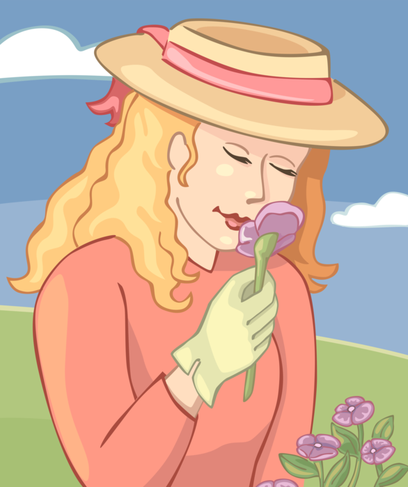 Vector Illustration of Woman Smelling Garden Flowers in Summer