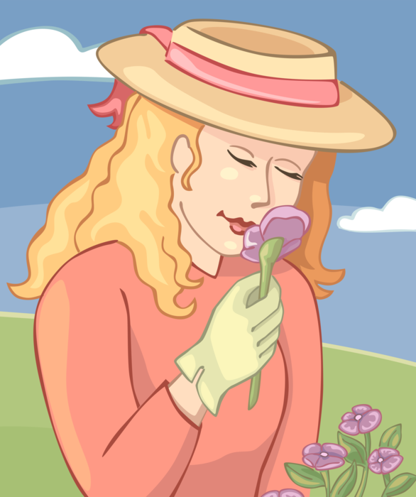 Vector Illustration of Woman Smelling Garden Flowers in Summer