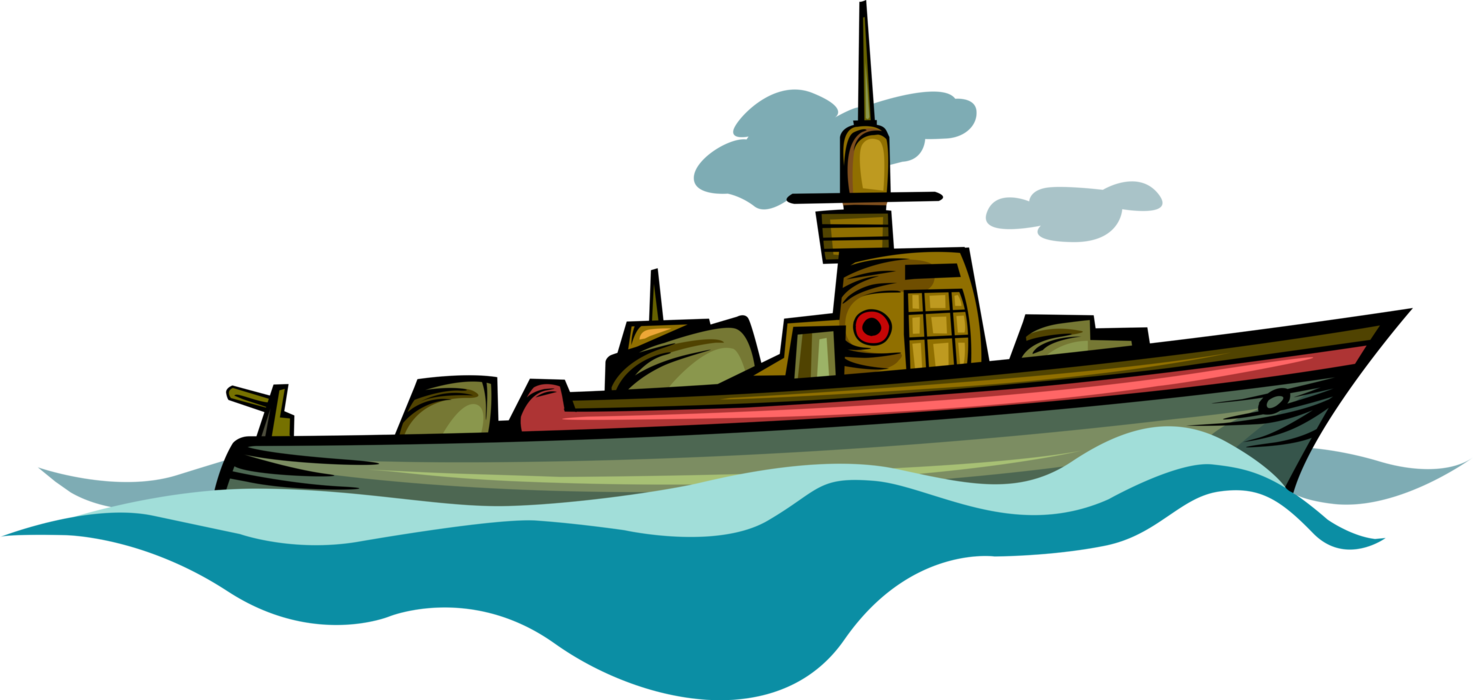 Vector Illustration of Navy Battleship Sailing Vessel Cruiser on High Seas