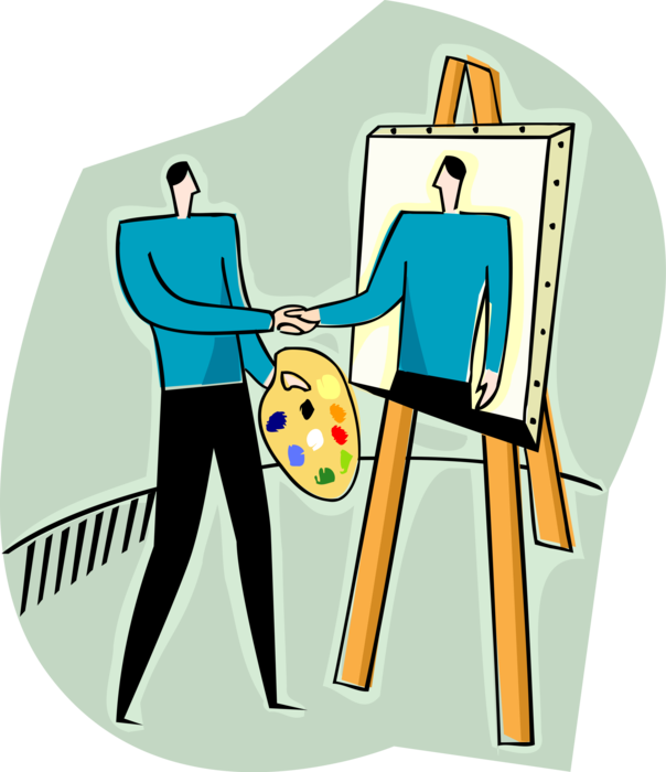 Vector Illustration of Visual Fine Arts Artist Painter with Palette Shakes Hands with Self-Portrait Painting