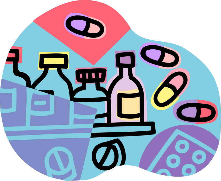 Vector Illustration of Pharmacy Prescriptions, Pills, Medicine