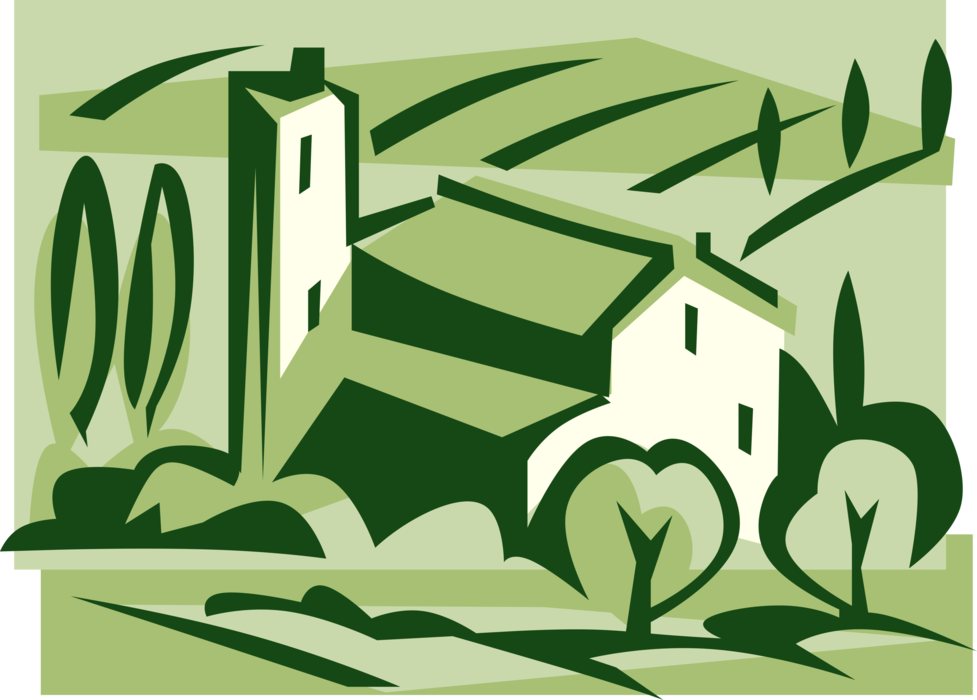 Vector Illustration of Farming Operation Farm Building with Field Crops