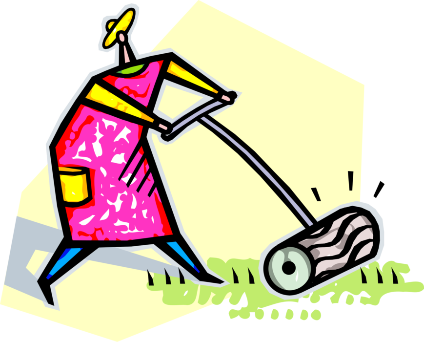 Vector Illustration of Yard Work Cutting the Grass with Push Lawn Mower
