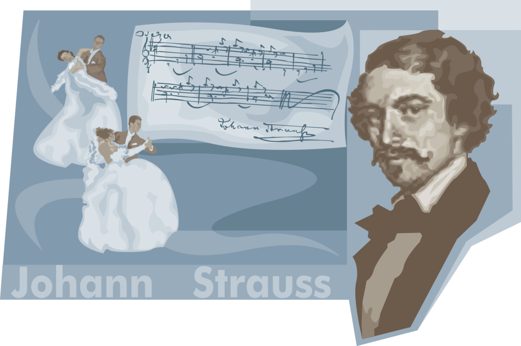 Vector Illustration of Johan Strauss, Austrian Composer of Dance Music Waltzes, Polkas, Quadrilles