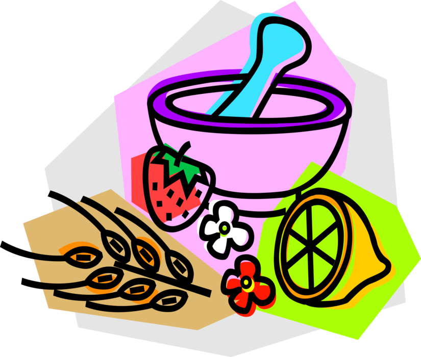 Vector Illustration of Mortar and Pestle with Strawberry, Wheat Grain, Flowers and Citrus Lemon