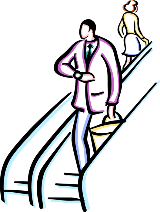 Vector Illustration of Businessman on Escalator Checks Wristwatch Watch Time