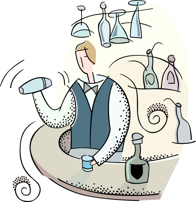 Vector Illustration of Barroom Bartender Mixes and Serves Alcohol Beverage Cocktail Drinks at Bar