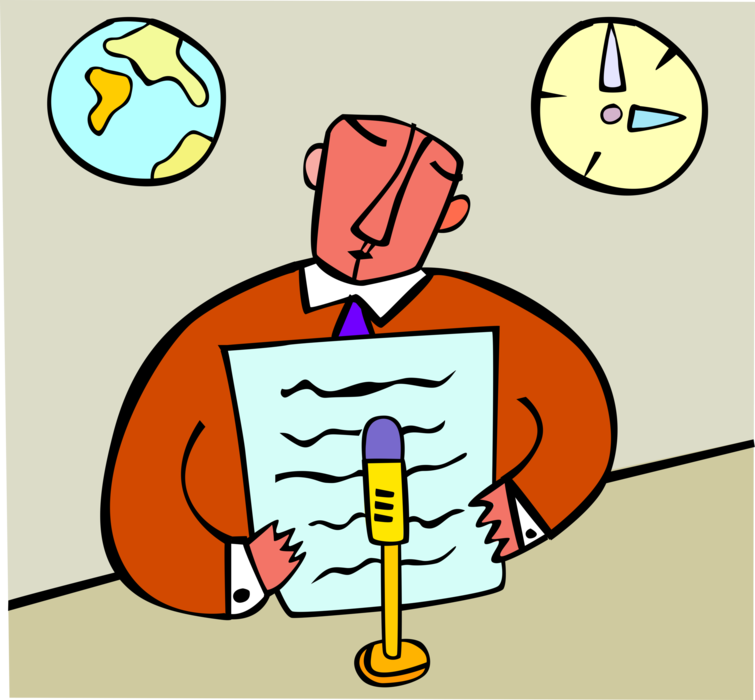 Vector Illustration of Television News Anchorman Reads the News with Microphone
