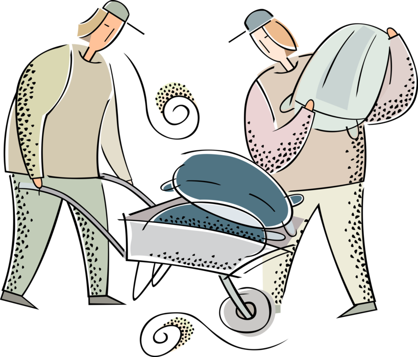 Vector Illustration of Construction Workers with Wheelbarrow and Bags of Concrete Cement