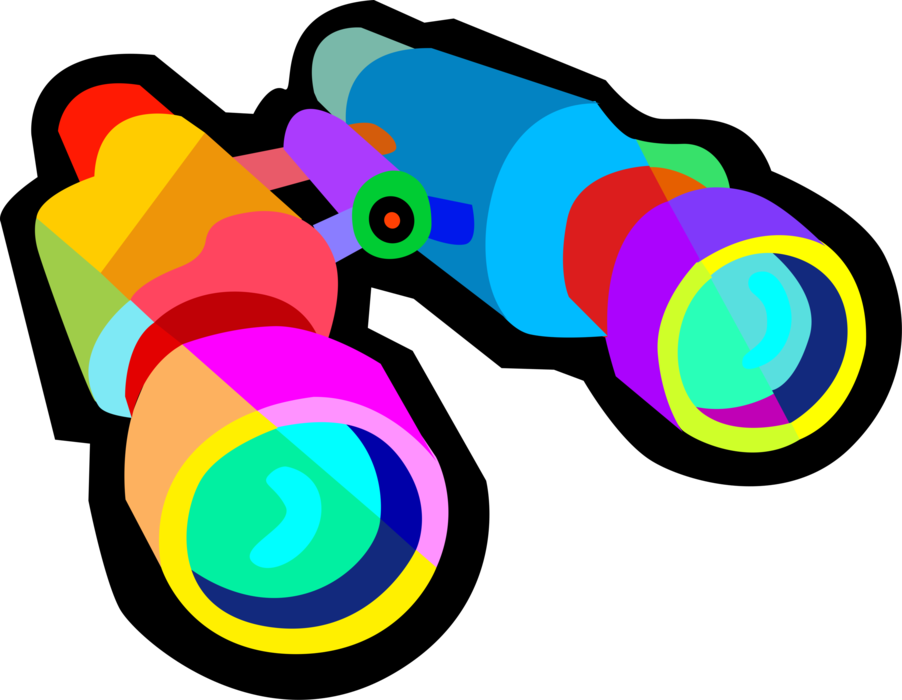 Vector Illustration of Binoculars, Field Glasses or Binocular Telescopes Produce Three-Dimensional Image