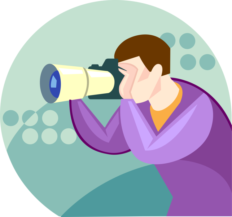 Vector Illustration of Photographer with Zoom Lens Camera Takes Photography Photos