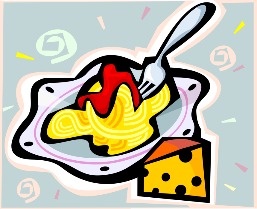 Vector Illustration of Italian Cuisine Pasta Spaghetti Dish with Tomato Sauce and Swiss Cheese