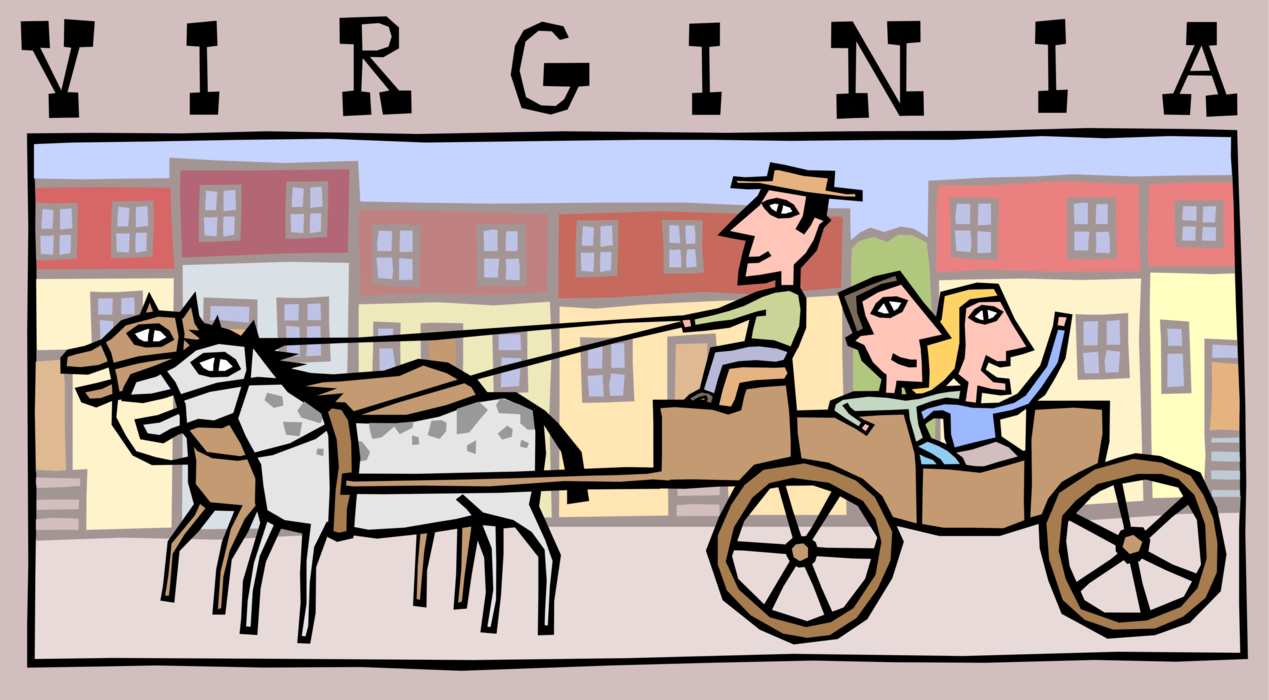 Vector Illustration of State of Virginia Postcard Design with Tourists in Horse Drawn Carriage