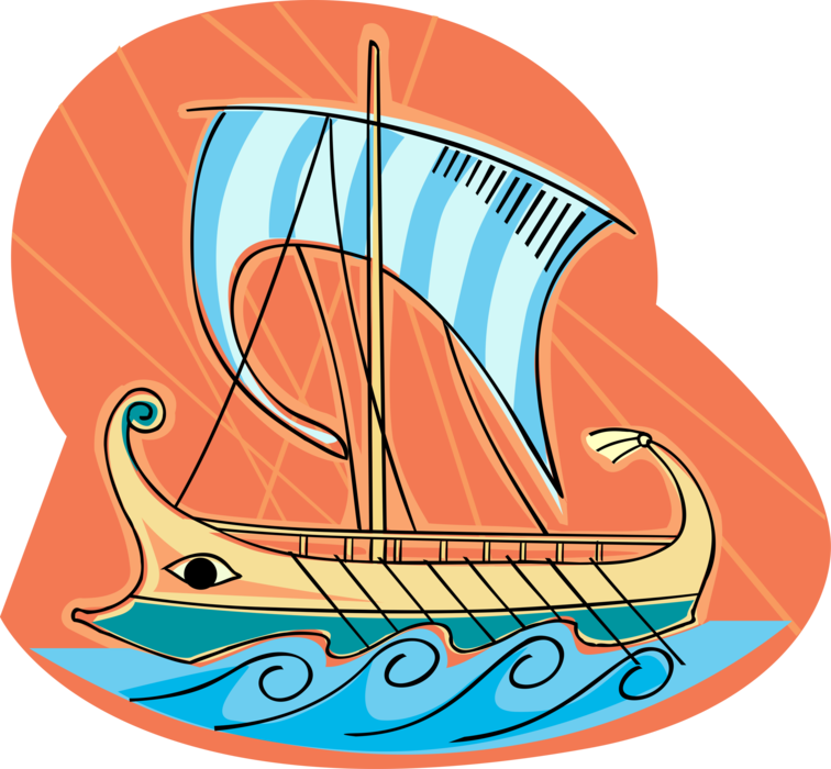 Vector Illustration of Ancient Egyptian Nile Boat with Sails and Oars on Water