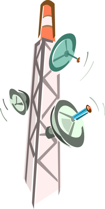 Vector Illustration of Telecommunications Communications Tower with Satellite Dish Parabolic Antenna