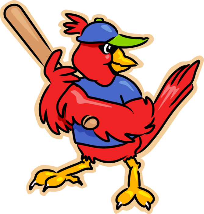 Vector Illustration of Red Cardinal Bird Plays Baseball with Bat