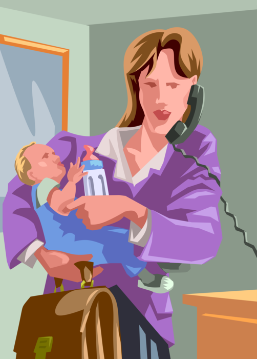 Vector Illustration of Working Parent Mother with Infant Baby and Briefcase Talks on Telephone