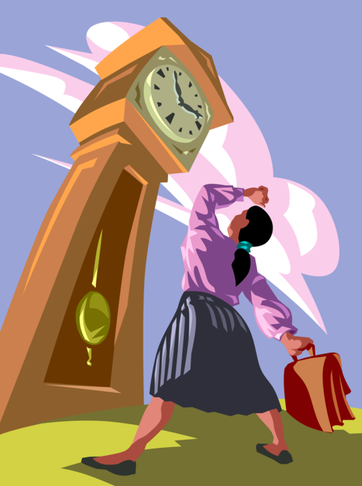 Vector Illustration of Businesswoman Under Time Constraints Looks Up at Grandfather Clock