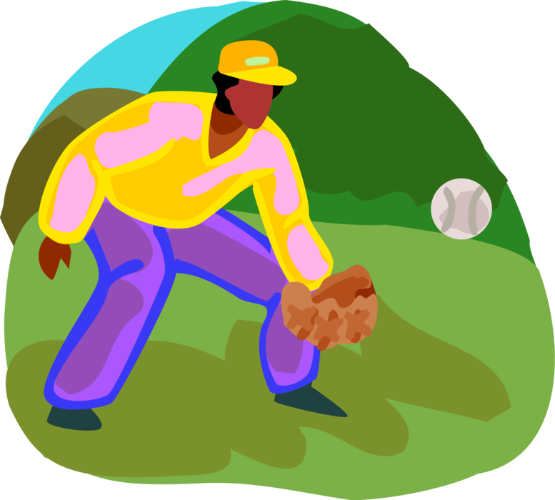 Vector Illustration of American Pastime Sport of Baseball Player Catches Ball